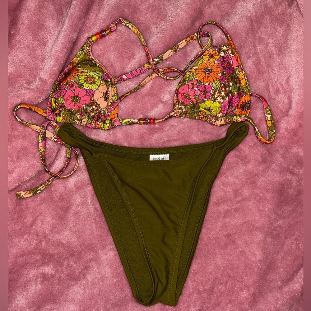 Wild Fable Floral Bikini Top and Olive Bottom